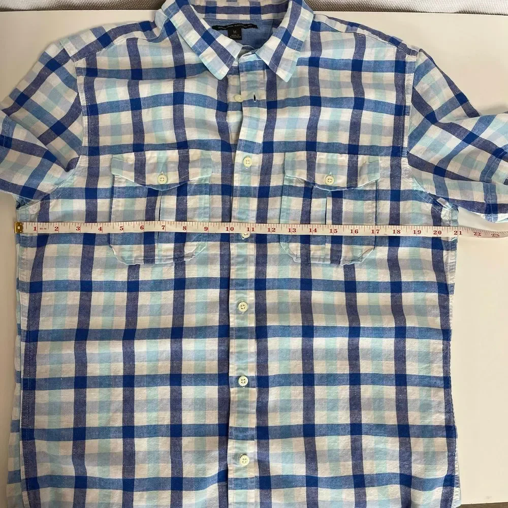 Banana Republic Men Linen/Cotton Blue and White Plaid Shirt Sz M